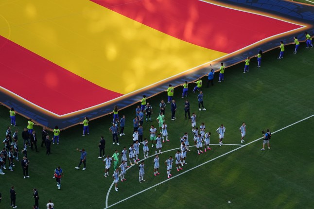 Argentina players stand during medal ceremony after the World Cup final soccer match between Spain and Argentina in East Rutherford, N.J., near New York, Sunday, July 19, 2026. (AP Photo/Matt Rourke)