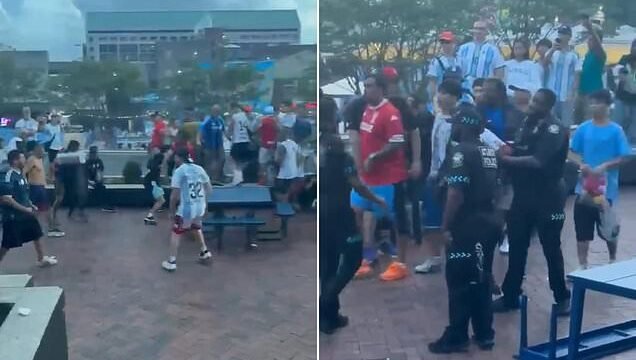 Now the Argentines are fighting EACH OTHER! Rival football fans clash on eve of ‘highest risk’ World Cup match with England
