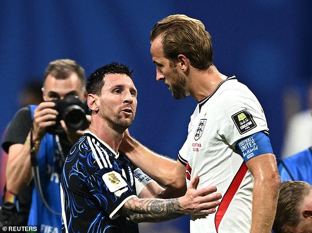 Kane and Lionel Messi embraced after the match that was marred by political tensions over the Falkland Islands