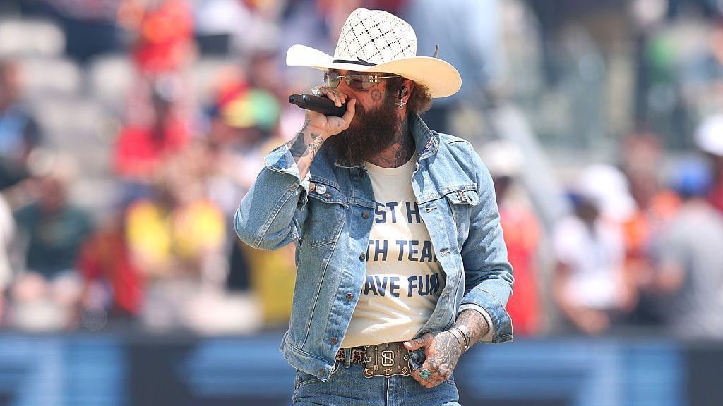 Post Malone performs during the closing ceremony before the FIFA World Cup 2026 Final match between Spain and Argentina at New York New Jersey Stadium