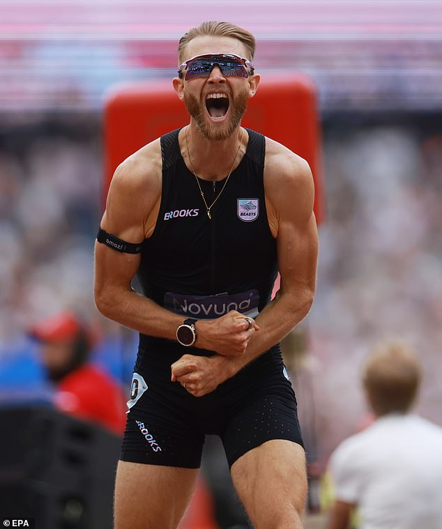Josh Kerr celebrates after he shattered the 27-year-old world mile record in Stratford Saturday