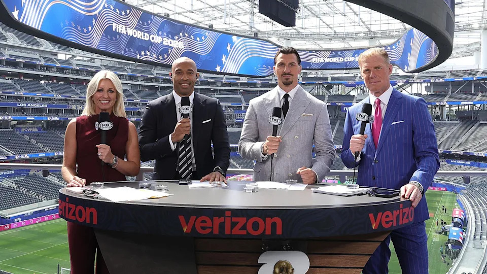 Fox Sports presenter Rebecca Lowe alongside Thierry Henry, Zlatan Ibrahimović and Alexi Lalas at the Los Angeles Stadium, all holding microphones