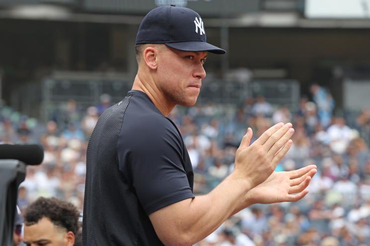 New York Yankees Aaron Judge in the dugout during the second inning when the New York Yankees played the Minnesota Twins Sunday, July 5, 2026 at Yankee Stadium.