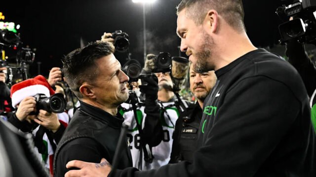 UCLA coach Bob Chesney offers support to injured Oregon QB Dante Moore after concussion
