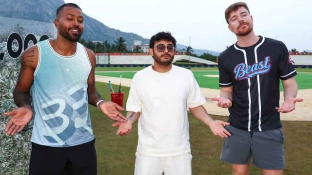Hardik Pandya recreates iconic World Cup celebration with YouTubers MrBeast and CarryMinati during India visit
