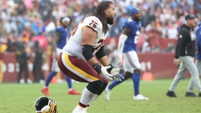 Washington Commanders’ Sam Cosmi shows frustration after overtime tie with Giants