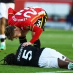 Brentford’s Yehor Yarmolyuk sent off for violent conduct against Liverpool’s Jeremy Jacquet in box